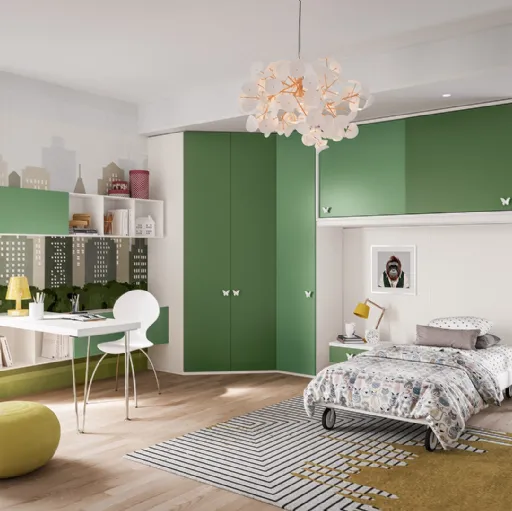 Cameretta componibile Job CM233 in nobilitato Bianco, Verde Salvia e Verde Giava di Giessegi