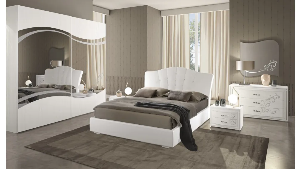 Letto con testiera in ecopelle con particolare in frassino bianco Kelly di Adriatica