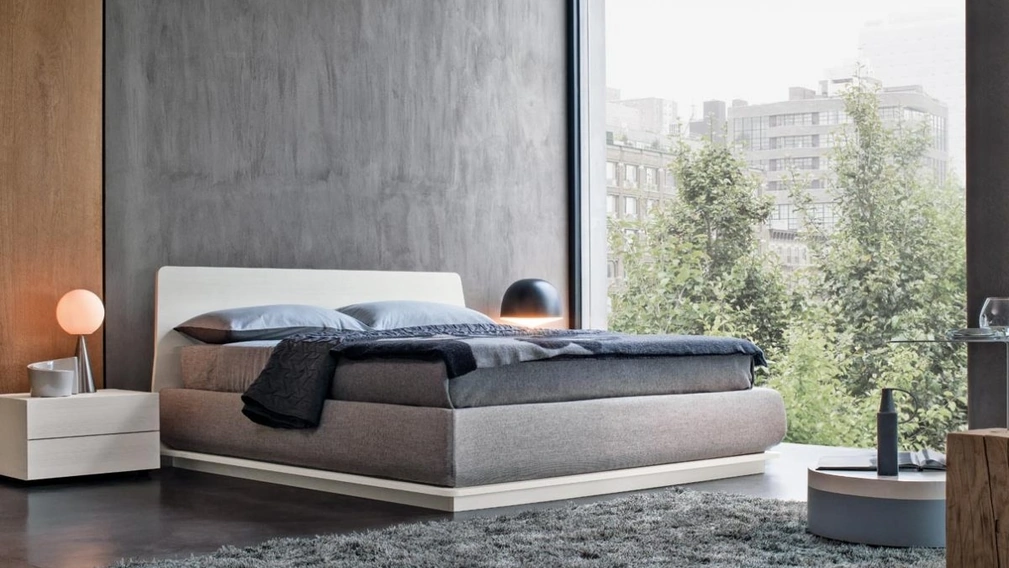 Letto Charme in legno laccato Bianco con contenitore rivestito in tessuto di Giellesse