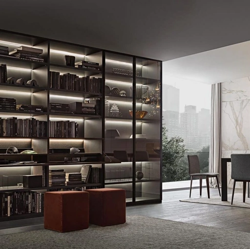Libreria Flexus composizione 03 in Rovere termocotto e vetro fumé di Giellesse