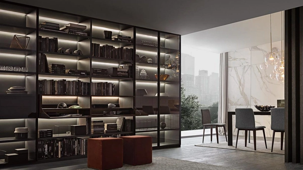 Libreria Flexus composizione 03 in Rovere termocotto e vetro fumé di Giellesse