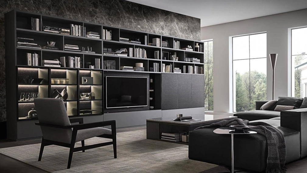 Libreria Flexus composizione 07 in Rovere termocotto e laccato Grigio opaco di Giellesse