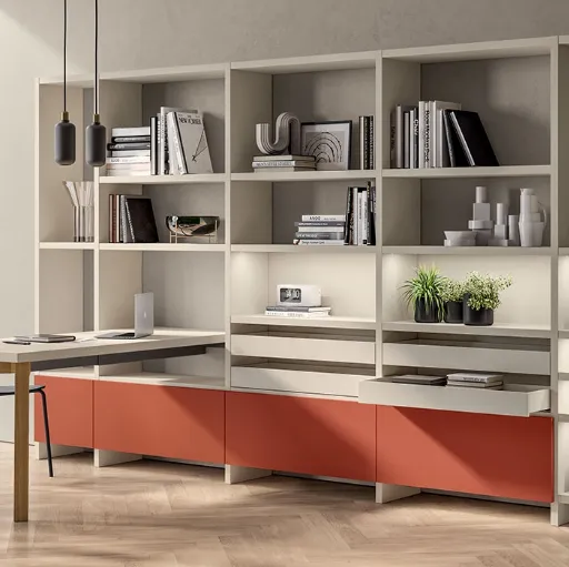 Libreria Living Motus sistema Fluida in laccato opaco di Scavolini