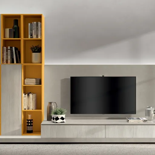 Libreria Living Sax in Texstyle Sabbia e laccato Genziana di Scavolini