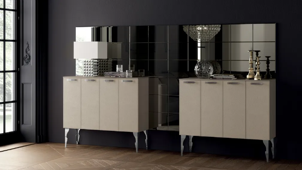 Madia Living Exclusiva alta in Laccato opaco Visone con ante rivestite in pelle di Scavolini