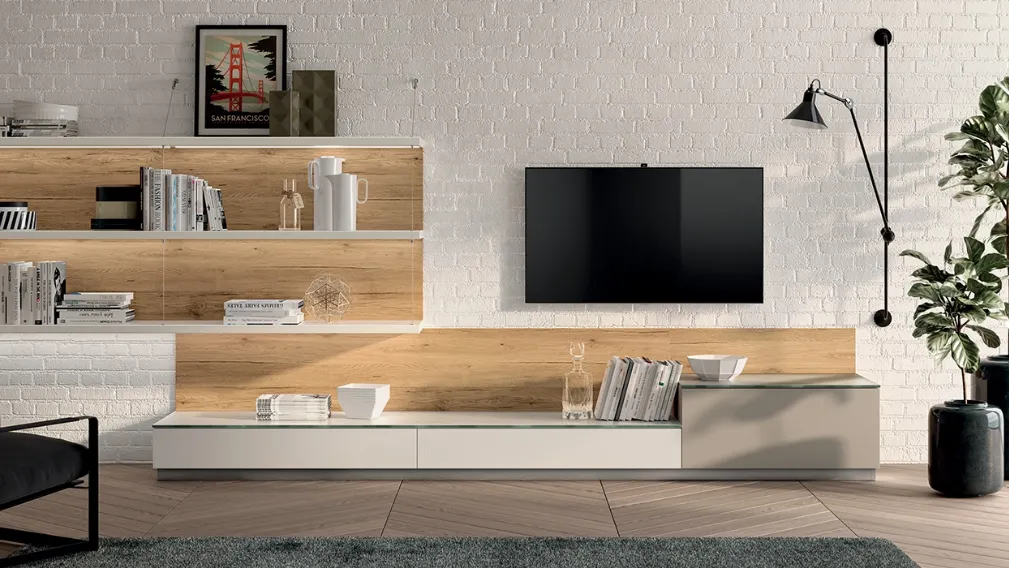 Parete Attrezzata Living Mood in Laccato opaco Visone e Bianco Prestige di Scavolini