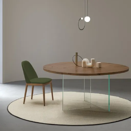 Tavolo Smart Rotondo con piano in legno e base in vetro trasparente di Devina Nais
