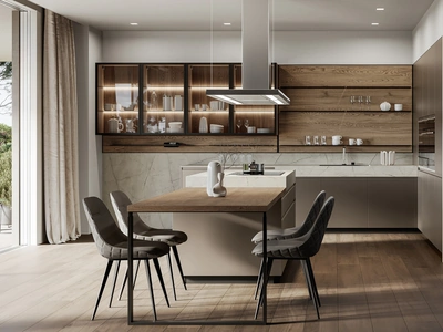 Cucina Moderna con isola Wega 02 in laccato metallizzato e rovere di Arredo3