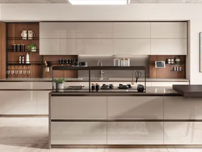 Cucina Moderna Boxi in laccato lucido Visone e Noce Sunset di Scavolini