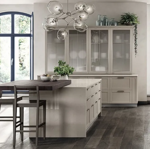 Cucina Moderna Carattere in laccato opaco Grigio Ferro e Frassino Cachemere di Scavolini