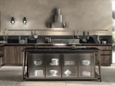 Cucina Moderna angolare con isola Diesel Open Workshop Noce Garden di Scavolini