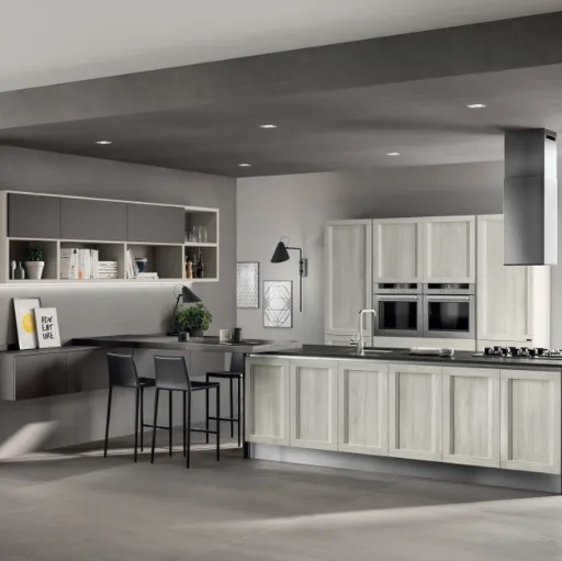 Cucina Moderna  lineare Evolution in decorativo Rovere Artic e laccato opaco grigio di Scavolini