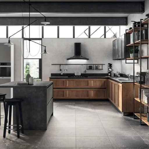 Cucina Moderna angolare Evolution in decorativo Rovere Land e laminato Volcanic Ash di Scavolini