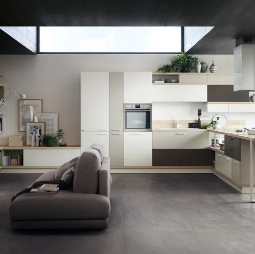 Cucina Moderna Foodshelf Bianco Puro Grigio Gabbiano e Grigio Terra di Scavolini