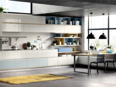 Cucina Moderna Foodshelf lucida Ghiaccio ed Azzurro Laguna di Scavolini