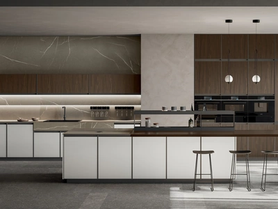 Cucina Moderna con isola Kronos 02 in pet bianco e laminato noce di Arredo3