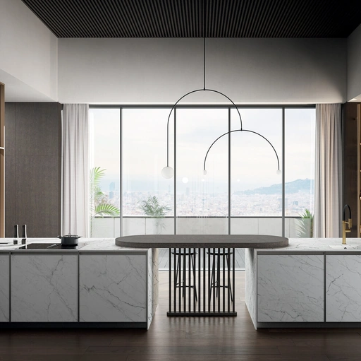 Cucina Moderna in laminam statuarietto con penisola Kronos di Arredo3