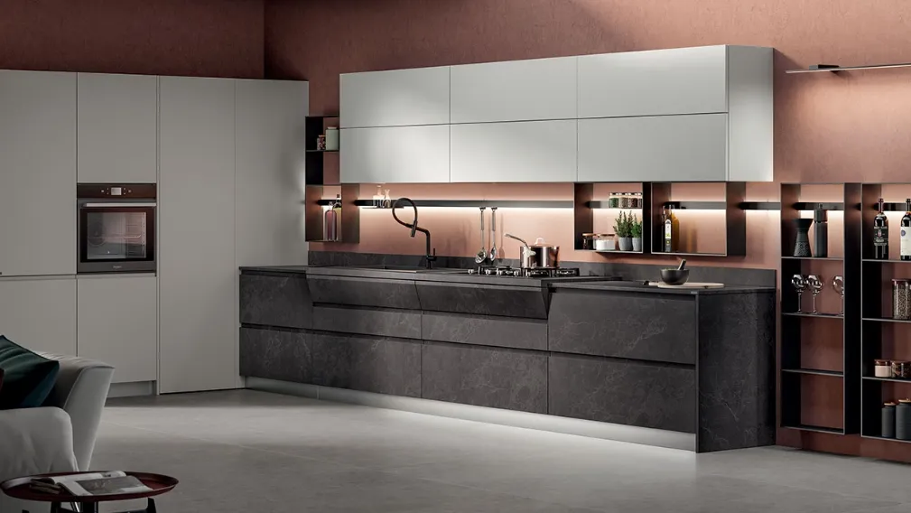 Cucina Moderna Motus in Pietra Abyss e laccato opaco Grigio Airone di Scavolini