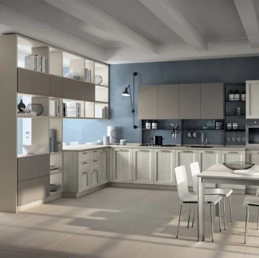 Cucina angolare moderna Sax in decorativo Rovere Artic e laccato opaco di Scavolini