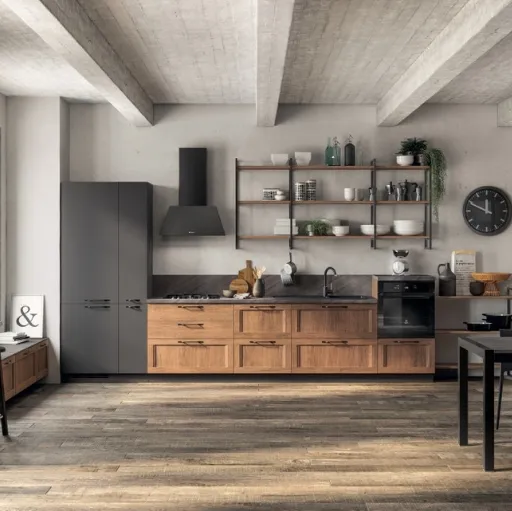 Cucina Moderna lineare Sax in decorativo Rovere Land e laccato opaco Grigio Ferro di Scavolini