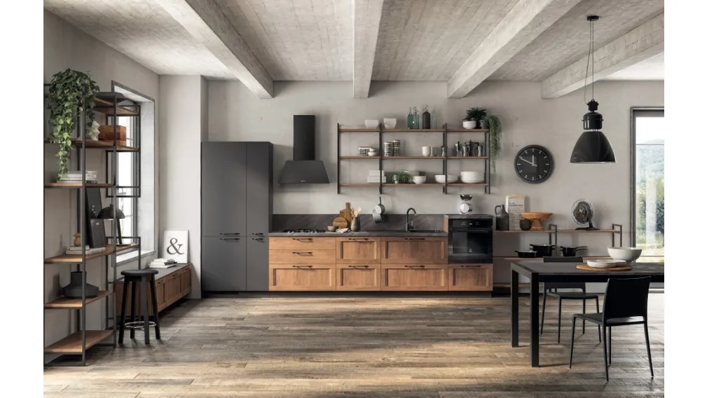 Cucina Moderna lineare Sax in decorativo Rovere Land e in laccato opaco Grigio Ferro di Scavolini