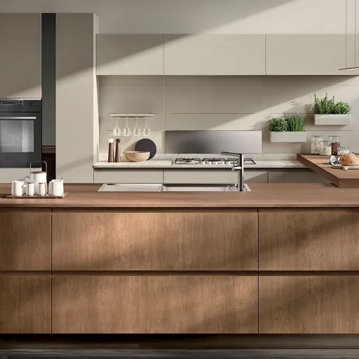 Cucina Moderna con isola e penisola Motus in Rovere Landscape e laccato opaco Visone di Scavolini