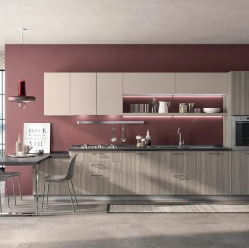 Cucina Moderna lineare con penisola Urban & Urban in decorativo Eucalipto Taj e decorativo Sabbia Easy di Scavolini