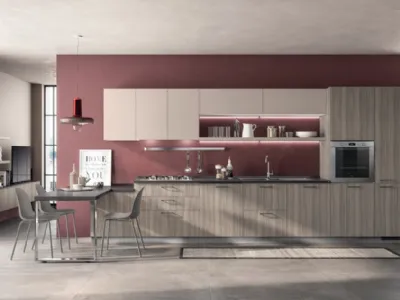 Cucina Moderna lineare con penisola Urban & Urban in decorativo Eucalipto Taj e decorativo Sabbia Easy di Scavolini