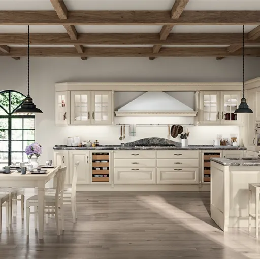 Cucina Shabby Chic angolare con penisola Baltimora in Frassino Bianco Scav066 di Scavolini