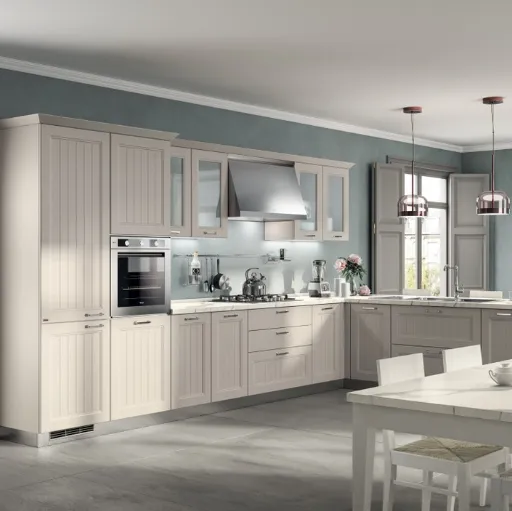 Cucina Shabby Chic angolare Colony in laccato Sabbia opaco a doghe e piano in laminato Statuario di Scavolini
