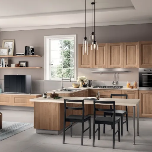 Cucina su misura angolare con penisola Family in decorativo Rovere Azteco di Scavolini