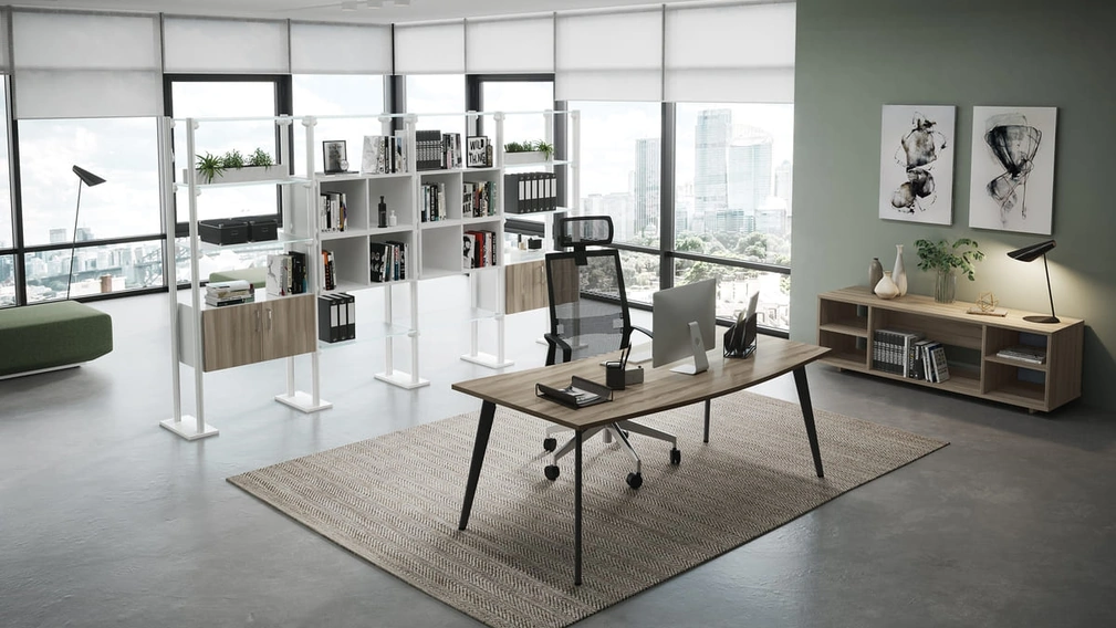 Libreria Divisoria Rhea in metallo con ante e ripiani in melaminico di Compir