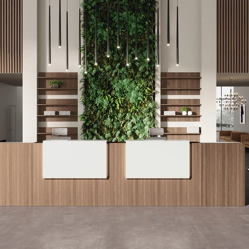 Mobile Ufficio Reception finitura Noce con mensole di accettazione Bianche di Compir