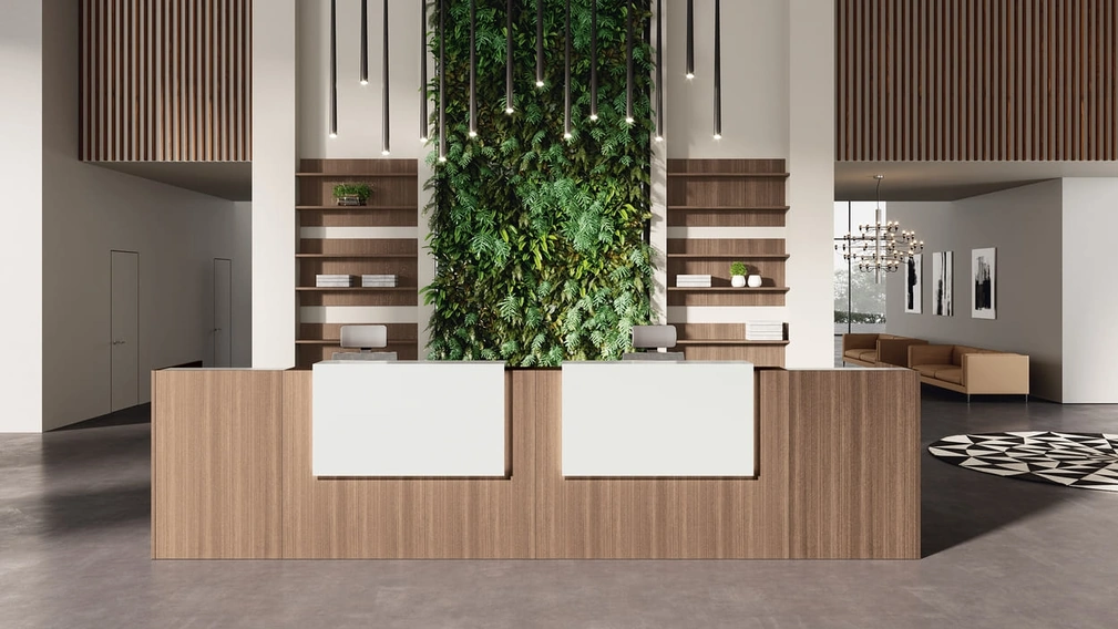 Mobile Ufficio Reception finitura Noce con mensole di accettazione Bianche di Compir