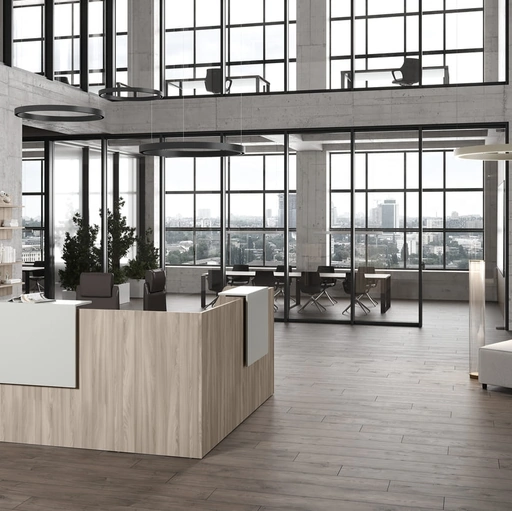 Mobile Ufficio Reception finitura Olmo con due mensole di accettazione Bianche di Compir