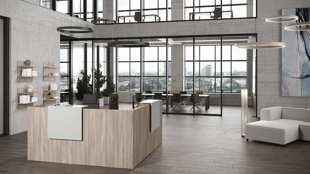 Mobile Ufficio Reception finitura Olmo con due mensole di accettazione Bianche di Compir