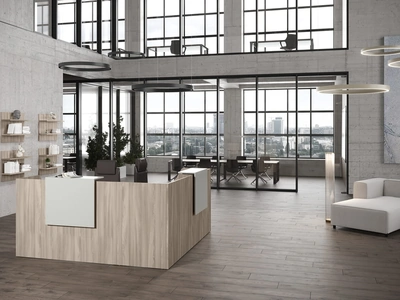 Mobile Ufficio Reception finitura Olmo con due mensole di accettazione Bianche di Compir